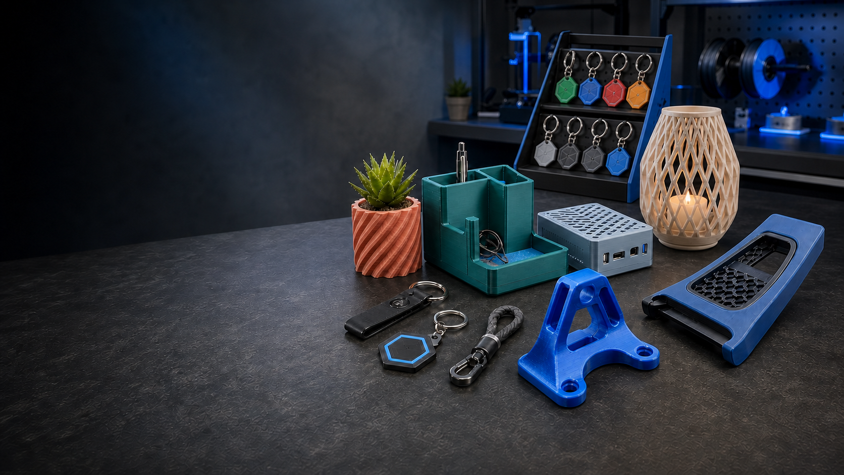 A continuous professional Made It 3D studio displaying a countertop keychain display, colorful planters, an LED tealight holder, organizers, a functional enclosure, and an automotive component